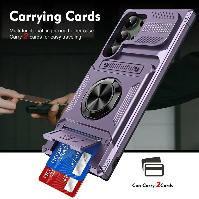 Purple multi-functional finger ring holder case with card slots on a dark background