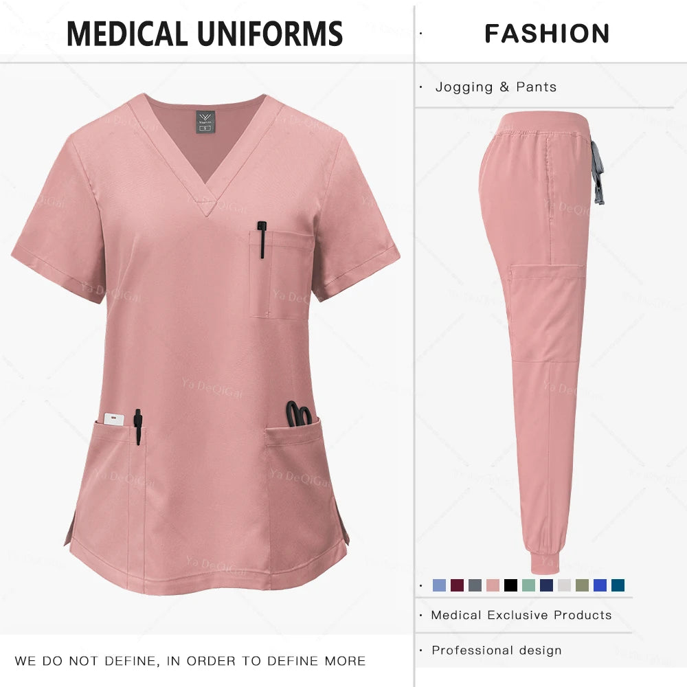 Pink medical uniform with pants on a white background
