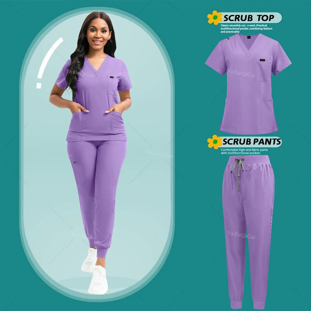 Purple scrub set with top and pants on a teal background