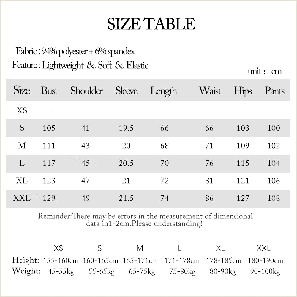 Size chart for clothing with measurements in centimeters and height/weight ranges.