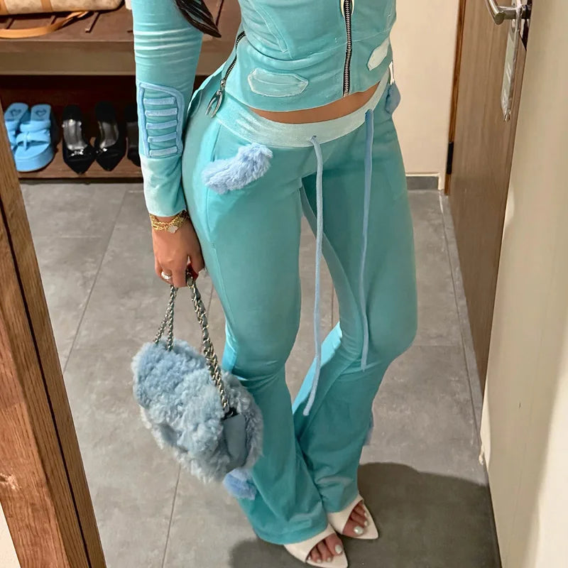 Faux Fur Spliced Velour Zip Top & Flare Pants - Women's Matching Set