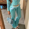 Faux Fur Spliced Velour Zip Top & Flare Pants - Women's Matching Set