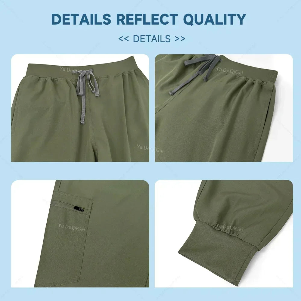 Collage of green pants with close-up details on a light blue background