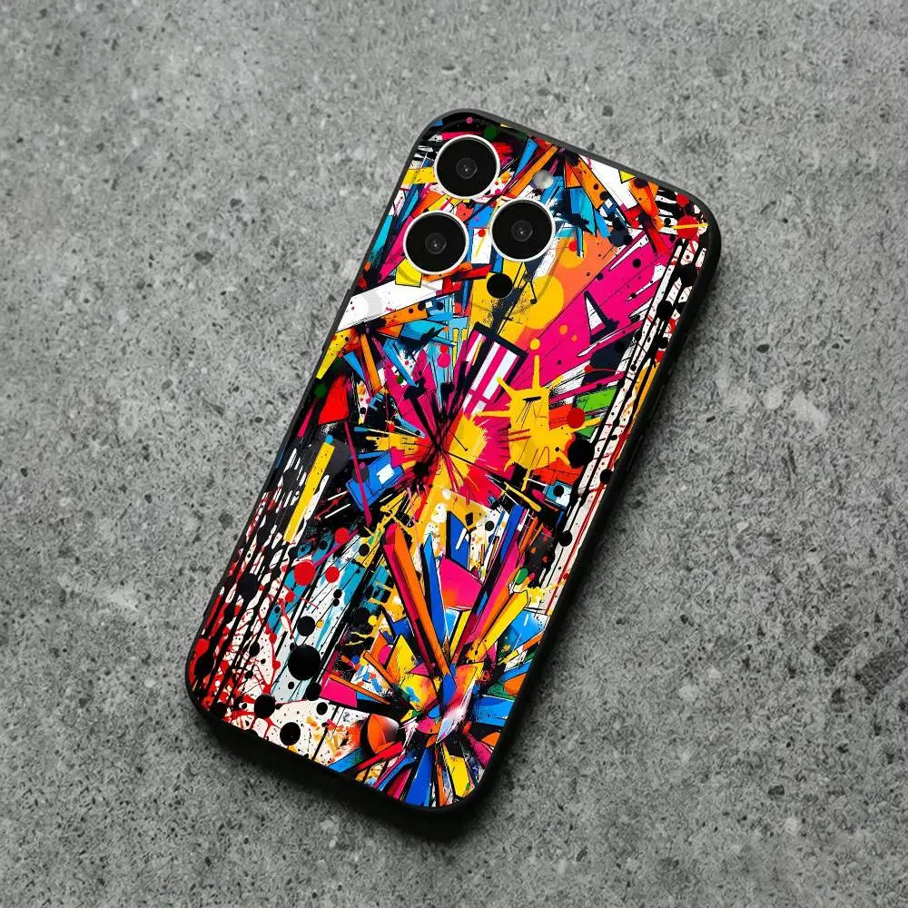 A smartphone case with a vibrant, multicolored graffiti-style paint splatter and brushstroke pattern, shown on a textured gray concrete surface.