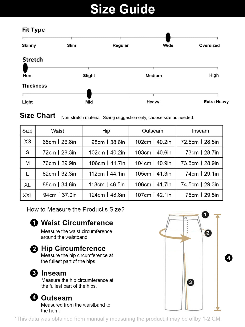 A size guide infographic with a fit type and stretch scale, a size chart table from XS to XXL, and measurement instructions with a labeled body measurement diagram.