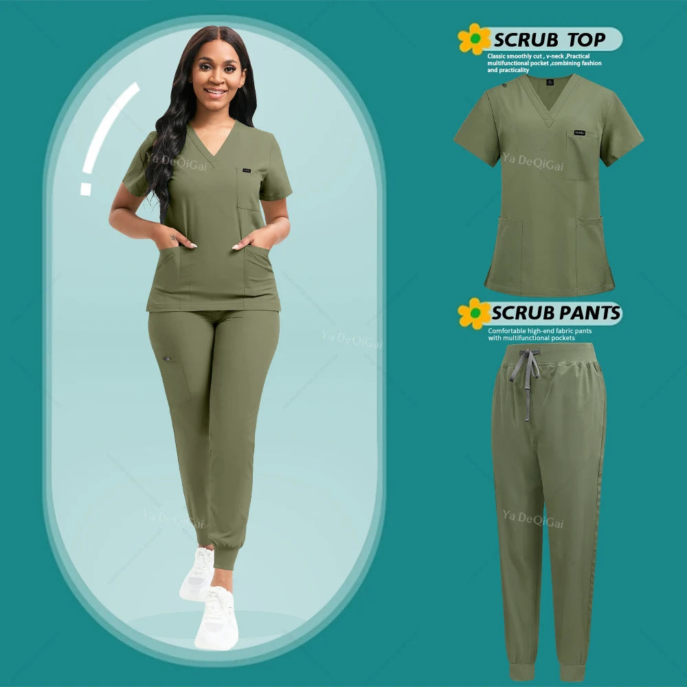 Green scrub top and pants set with a model wearing them on a teal background