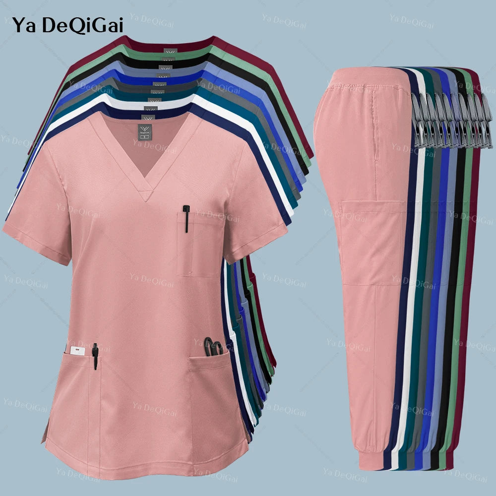 Pink scrub set with multiple color options on a light blue background
