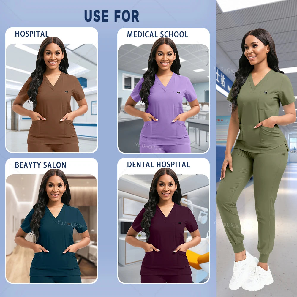 Set of medical scrubs in various colors with a woman modeling them in different settings.