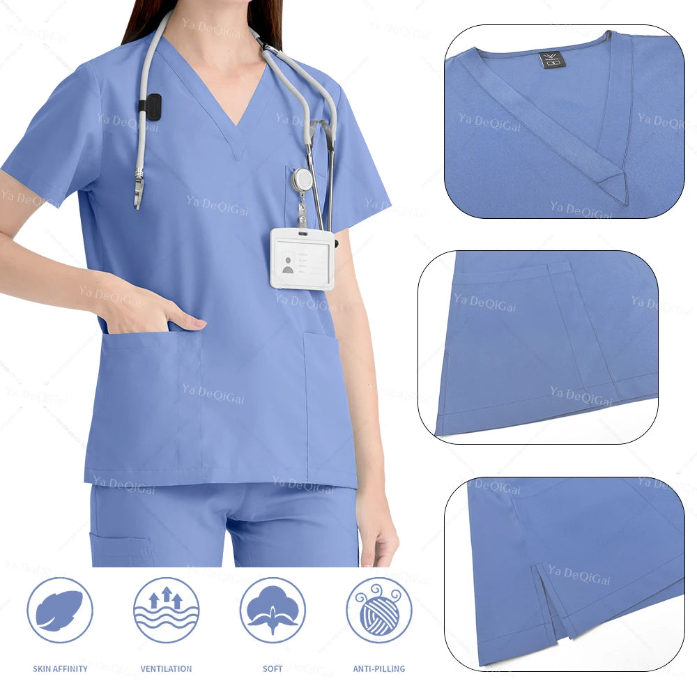 Blue medical scrub set with stethoscope and ID badge, shown on a person and with close-up details.