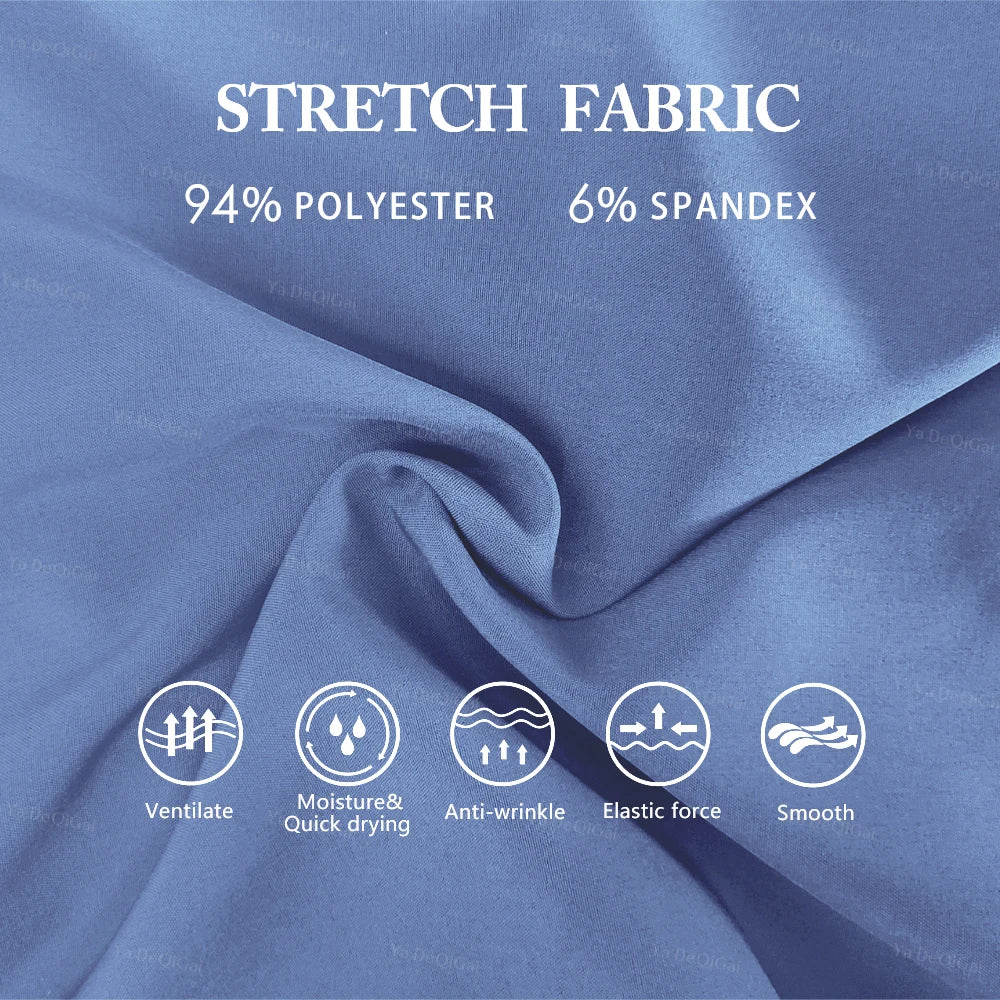 Blue stretch fabric with text and icons indicating fabric properties on a white background