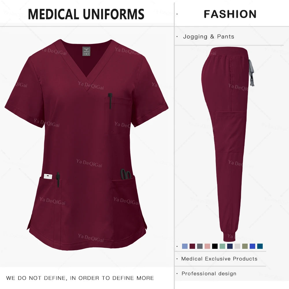 Maroon medical uniform set with shirt and pants on a white background