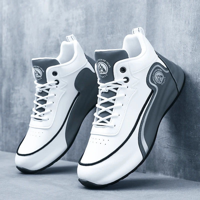 White high-top sneakers with black accents on a gray background