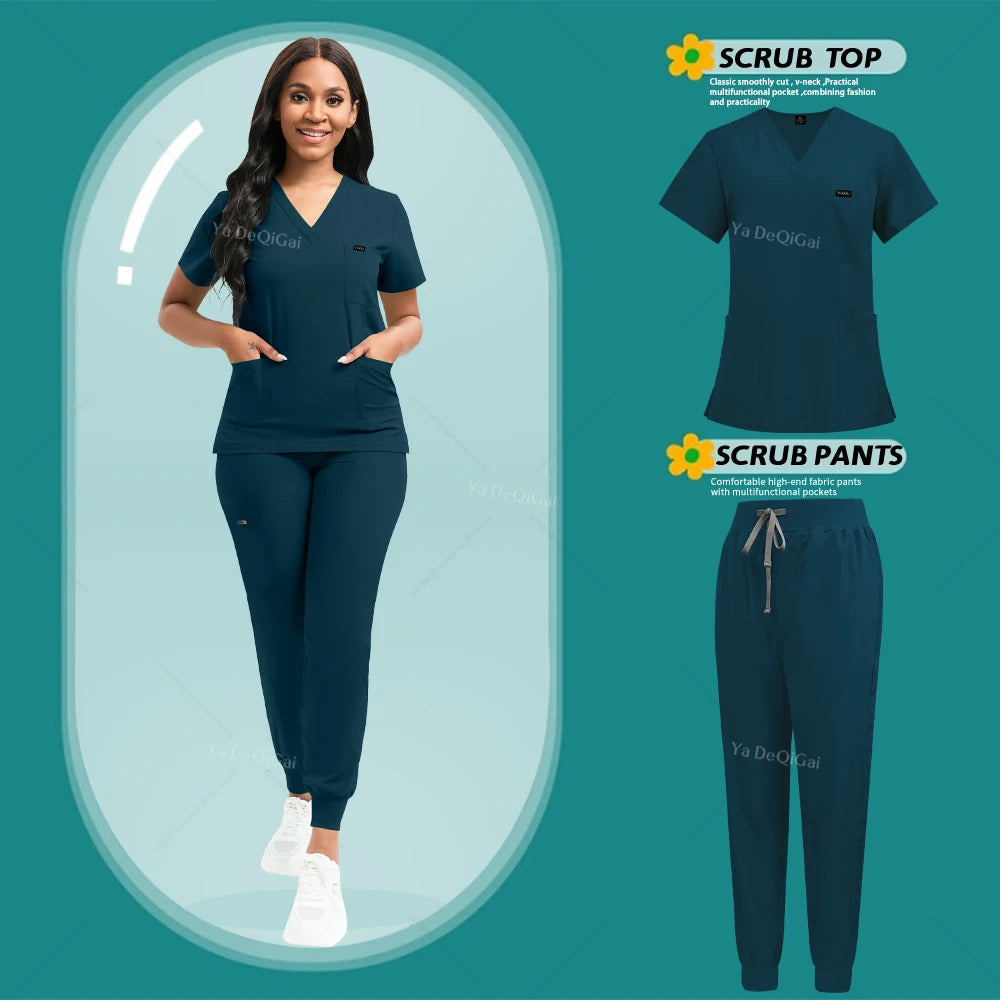 Nurse wearing navy scrub top and pants with 'Yua DeQiao' branding on a teal background.