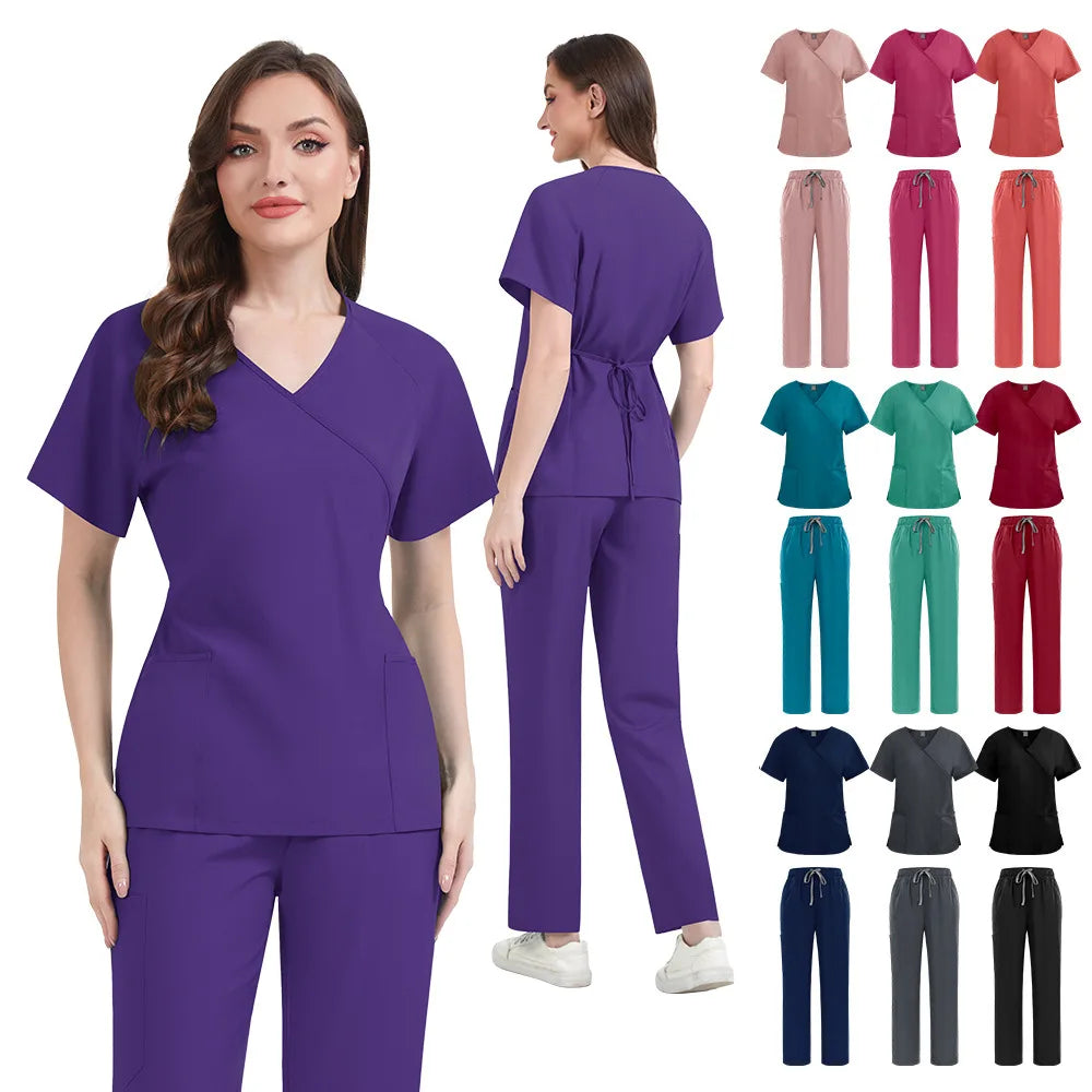 Woman wearing purple medical scrubs with color swatches of various scrubs on a white background