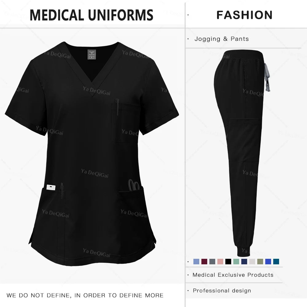 Black medical uniform set with shirt and pants on a white background