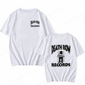 White short-sleeve T-shirt shown from both front and back. The front has small black 'DEATH ROW RECORDS' text on the left chest, and the back has a larger black 'DEATH ROW RECORDS' graphic with a seated figure illustration.