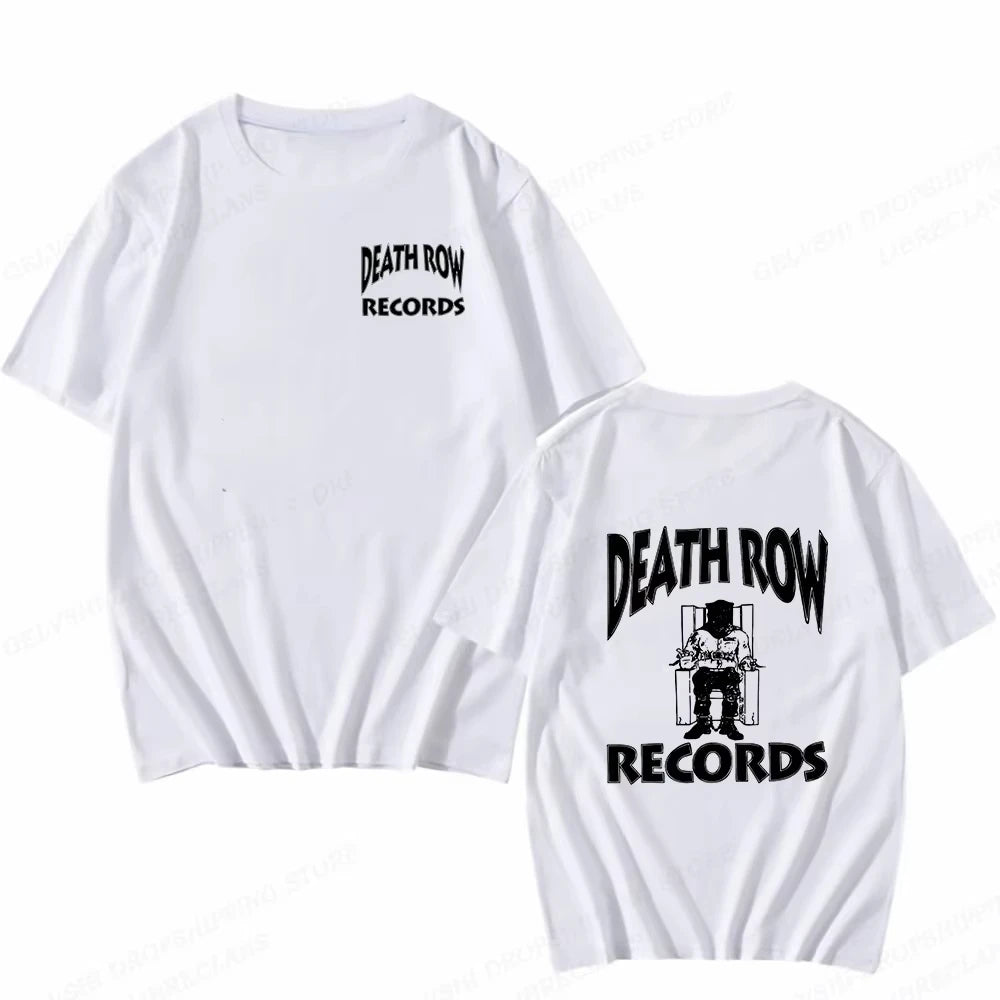 White short-sleeve T-shirt shown from both front and back. The front has small black 'DEATH ROW RECORDS' text on the left chest, and the back has a larger black 'DEATH ROW RECORDS' graphic with a seated figure illustration.