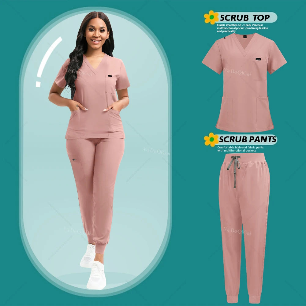 Pink scrub top and pants set with a model wearing them on a teal background