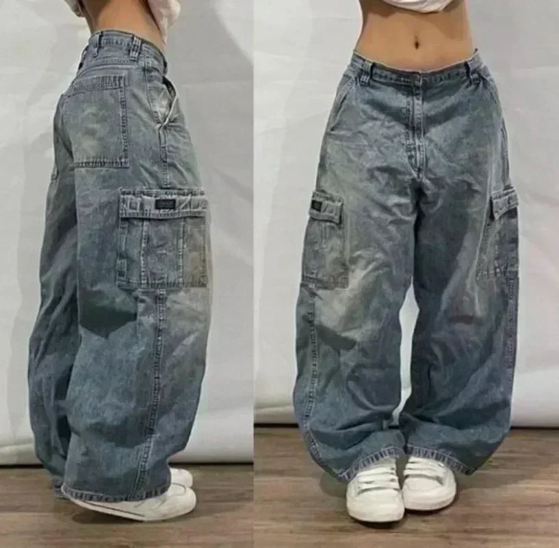Pair of wide-leg jeans shown from front and side views on a neutral background