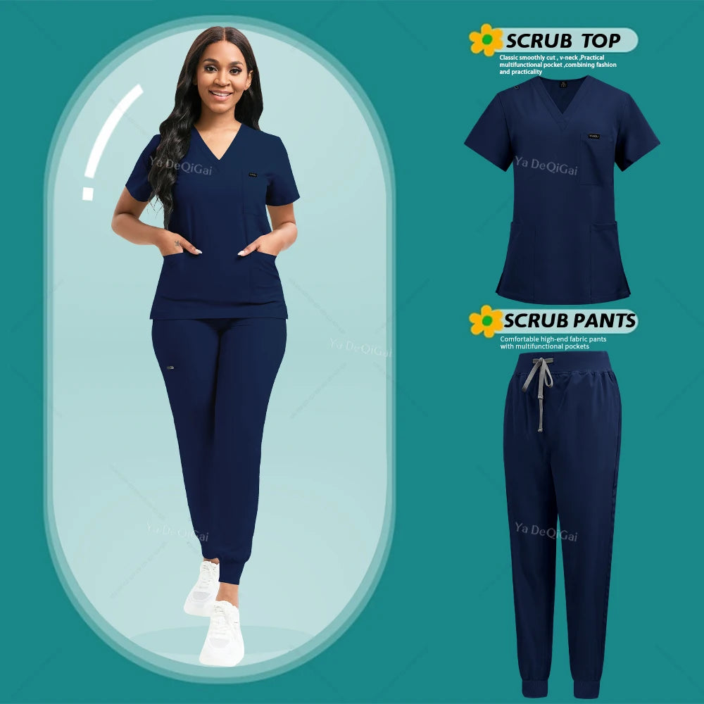 Navy blue scrub set with top and pants on a teal background