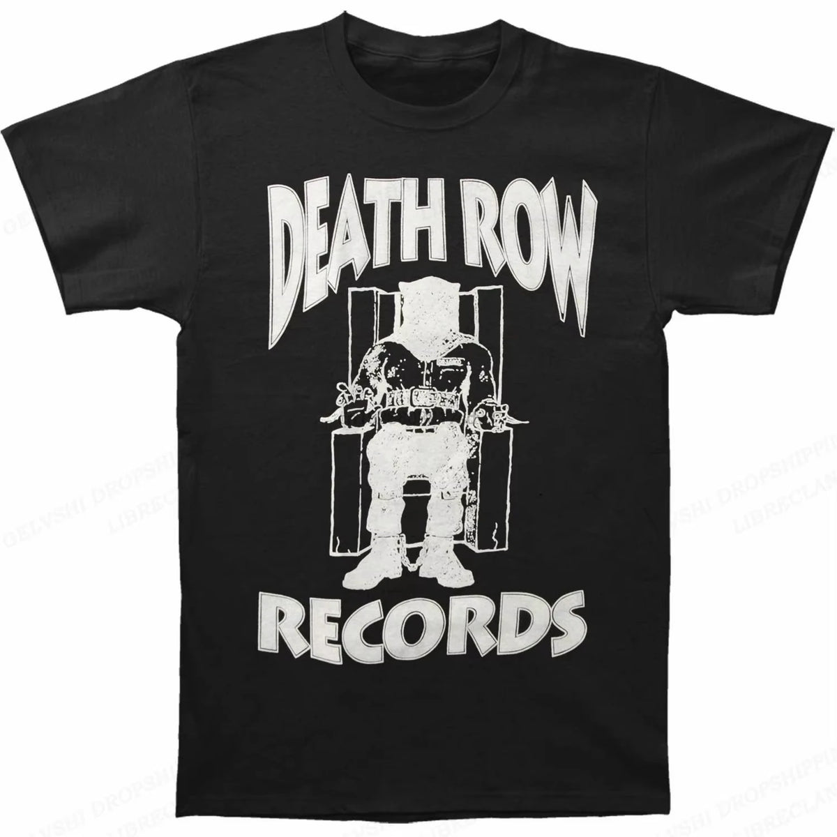 Black t-shirt with 'Death Row Records' graphic design on a white background