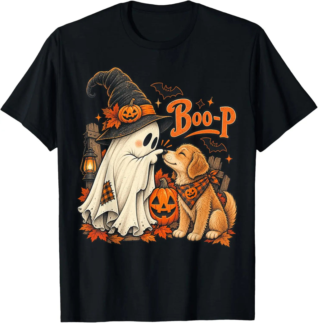 A black short-sleeve crewneck t-shirt featuring a Halloween graphic of a ghost and a golden retriever dog with pumpkins and the text 'Boo-P'.