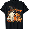 A black short-sleeve crewneck t-shirt featuring a Halloween graphic of a ghost and a golden retriever dog with pumpkins and the text 'Boo-P'.