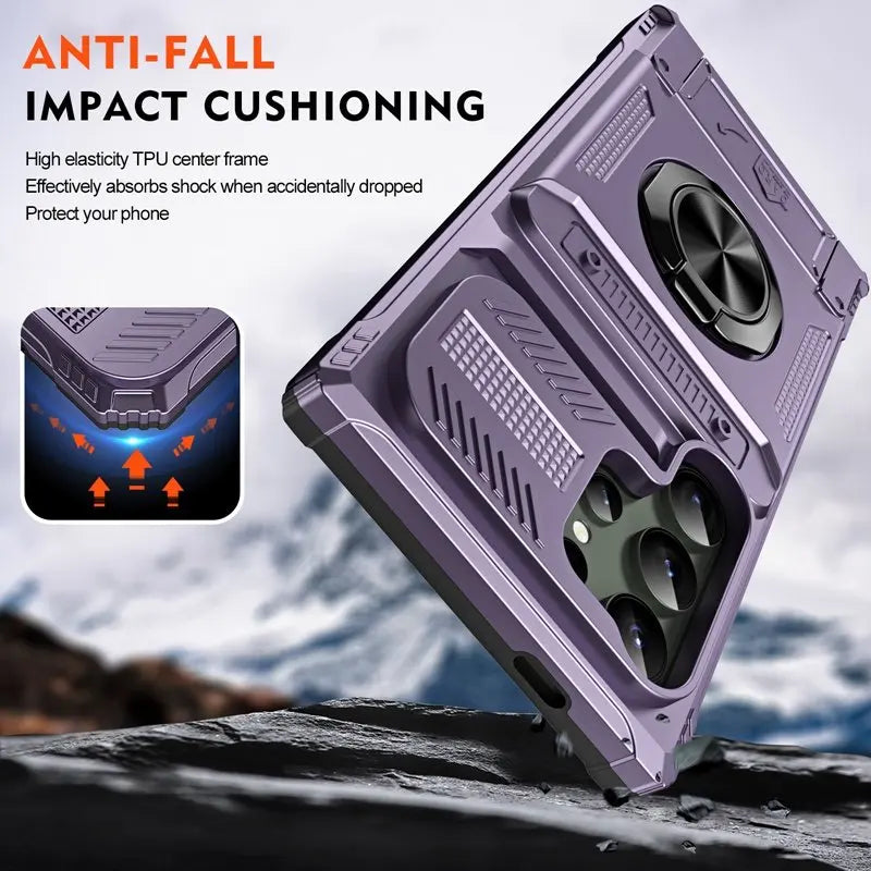 Purple phone case with impact cushioning feature on a rocky surface