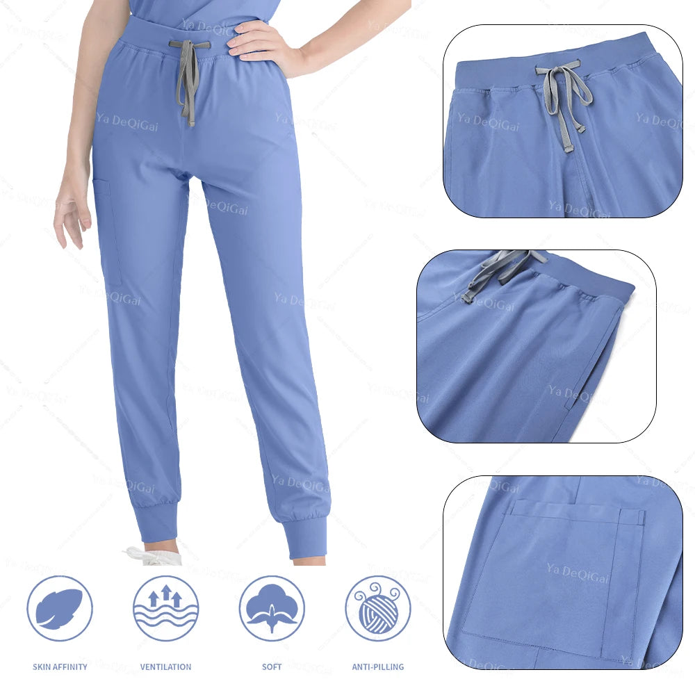 Blue jogger pants with drawstring waist and pocket details, displayed on a person.