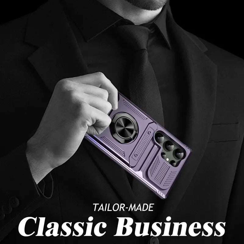 Person holding a phone case with 'Tailor-Made Classic Business' text