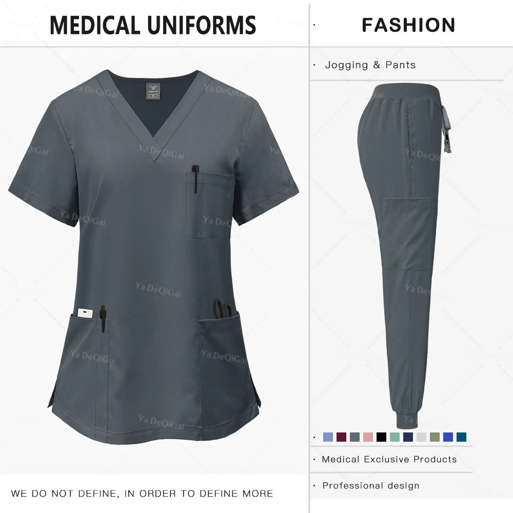 Gray medical uniform set with scrub top and pants on a white background