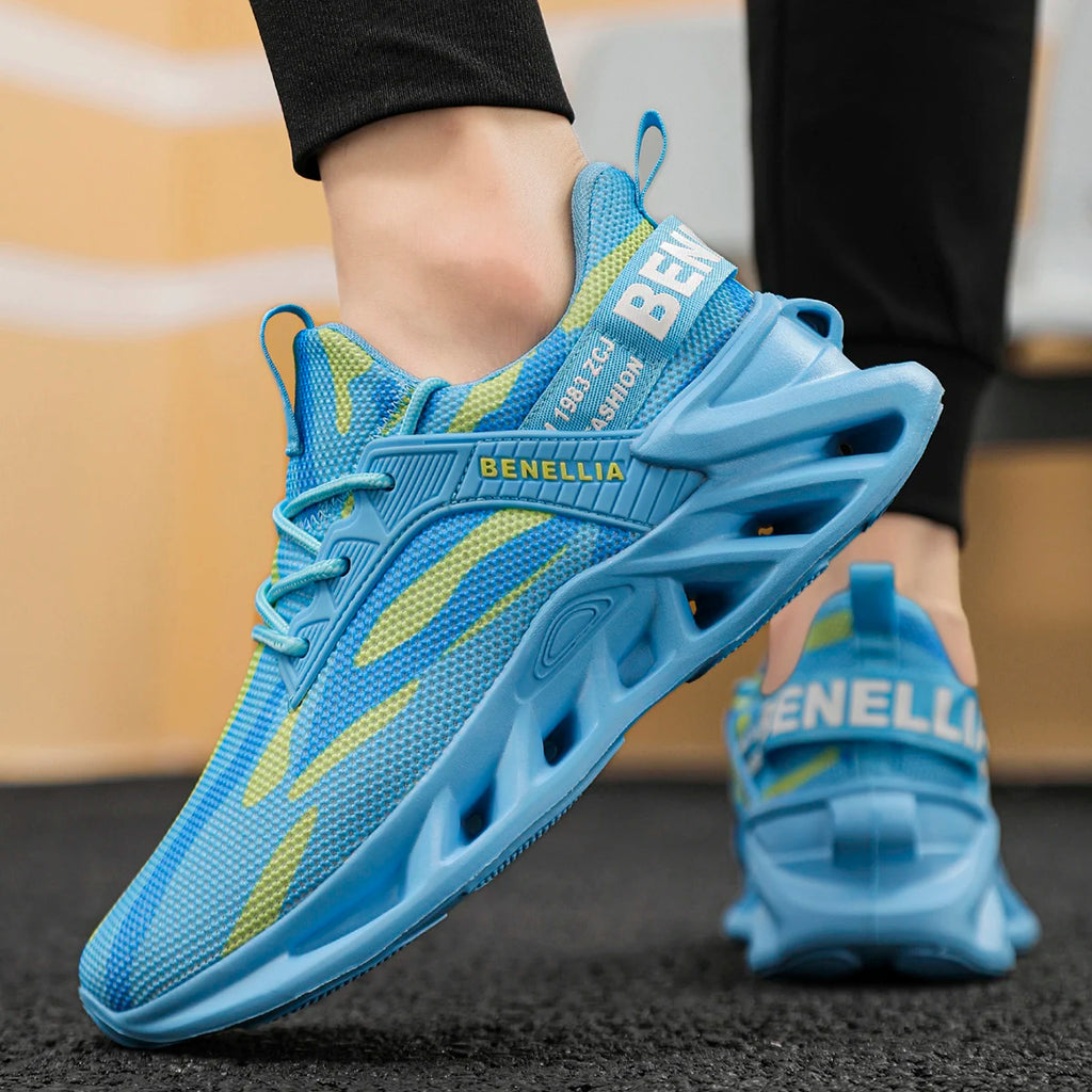 Blue athletic shoes with yellow accents worn by a person, brand 'Benellia' visible.