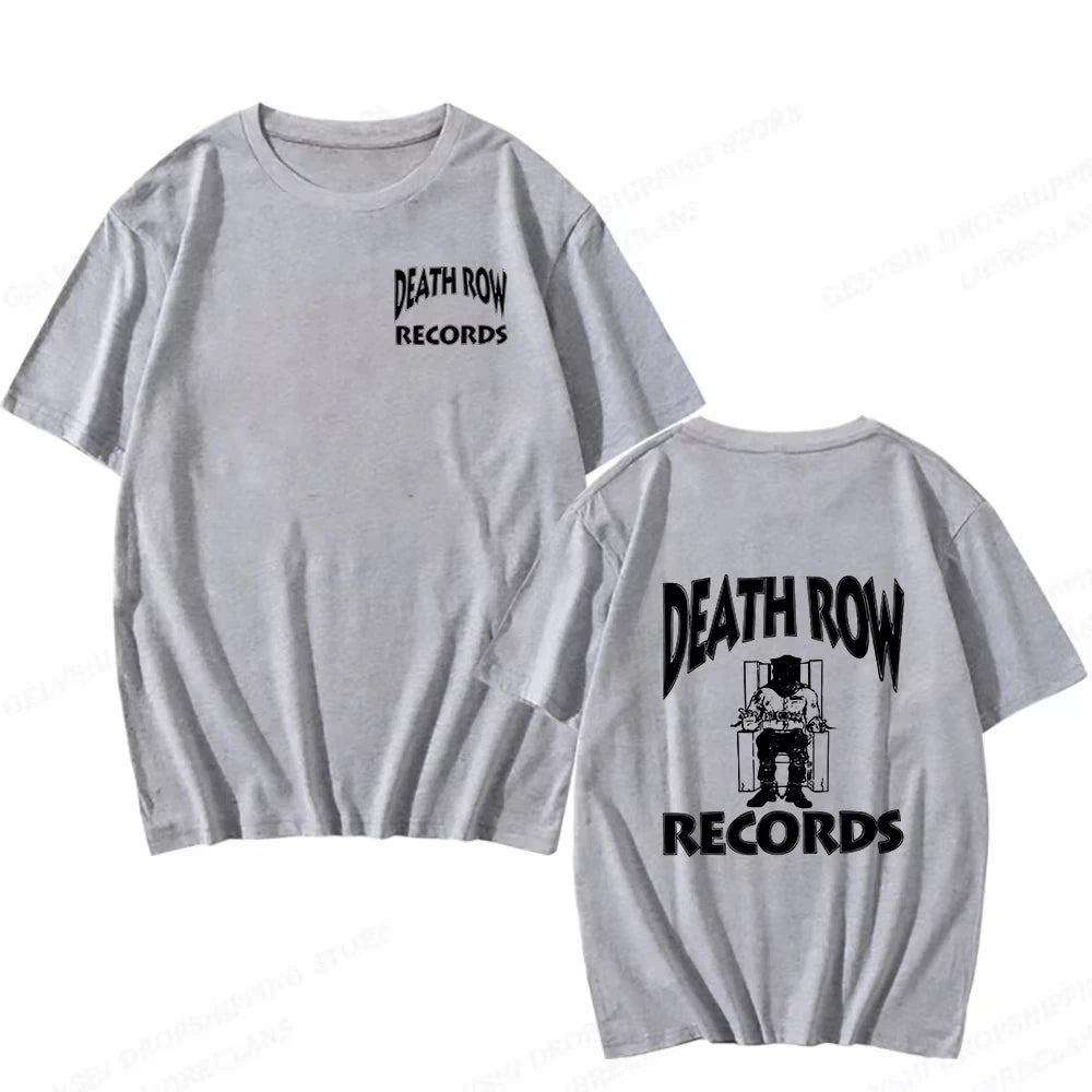A light gray short-sleeve t-shirt shown from both the front and back. The front features a small black graphic reading 'DEATH ROW RECORDS' on the left chest, while the back features a larger matching graphic with a stylized seated figure.
