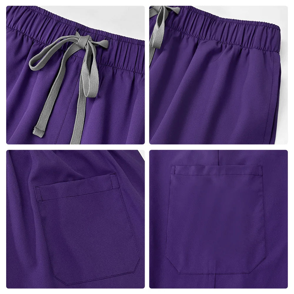 Collage of purple pants with a gray drawstring and pocket on a white background