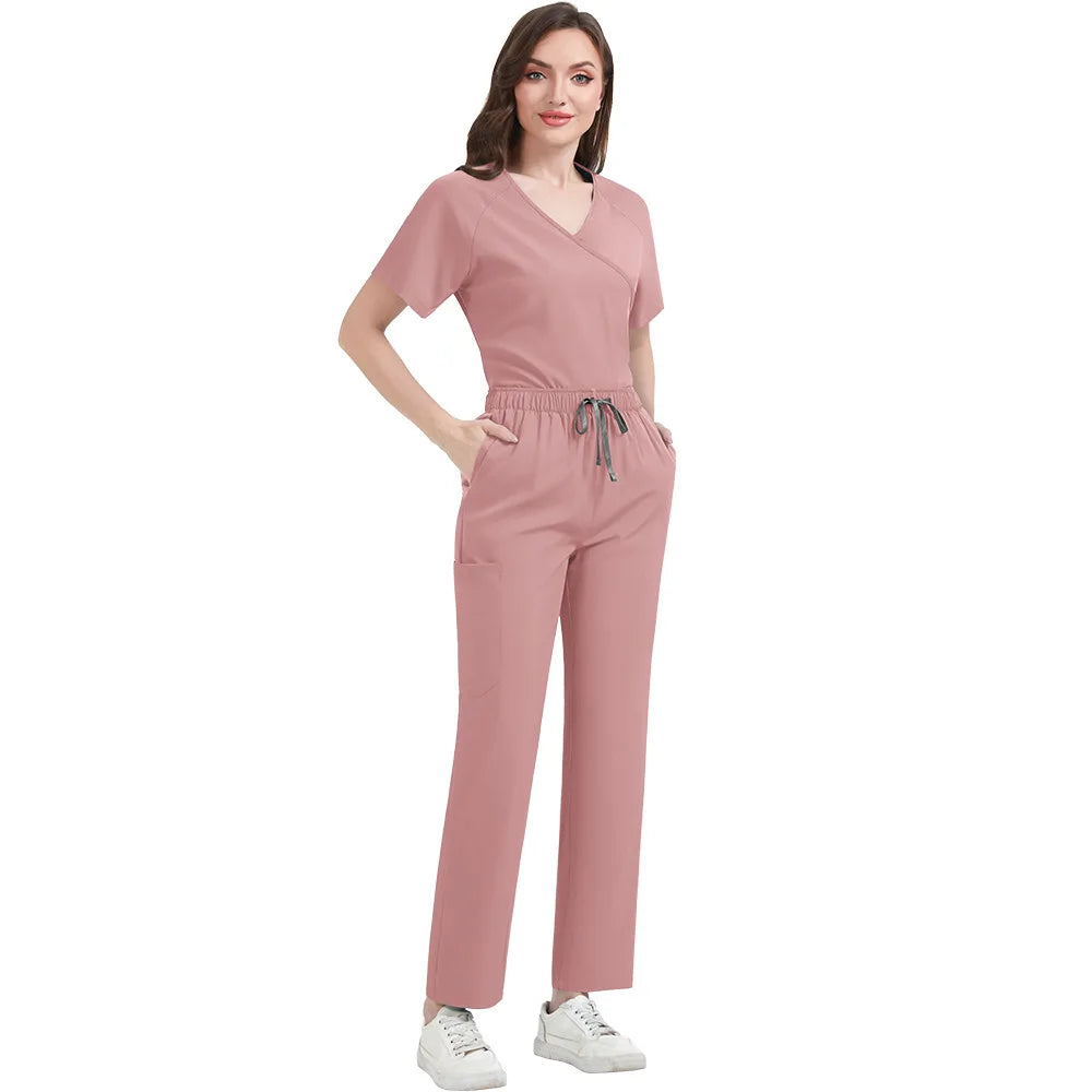 Woman wearing a pink jumpsuit on a white background