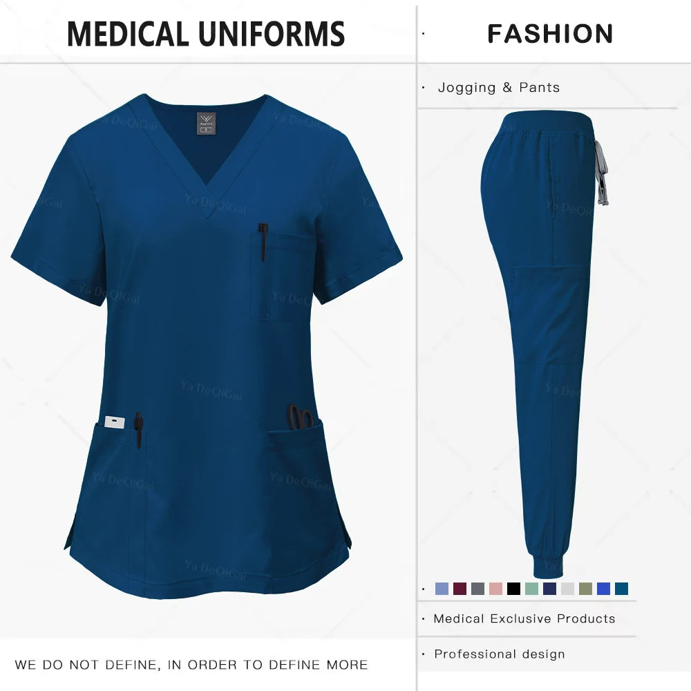 Blue medical uniform with pants on a white background
