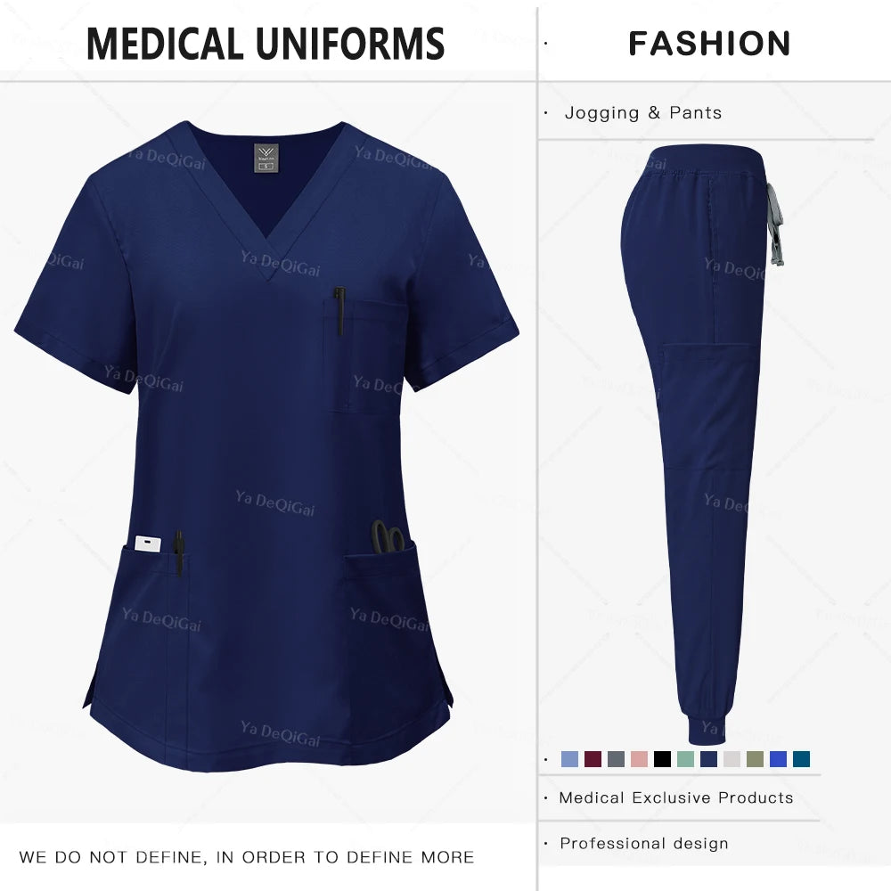 Navy blue medical uniform with pants on a white background