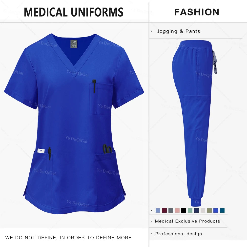 Blue medical uniform with shirt and pants on a white background