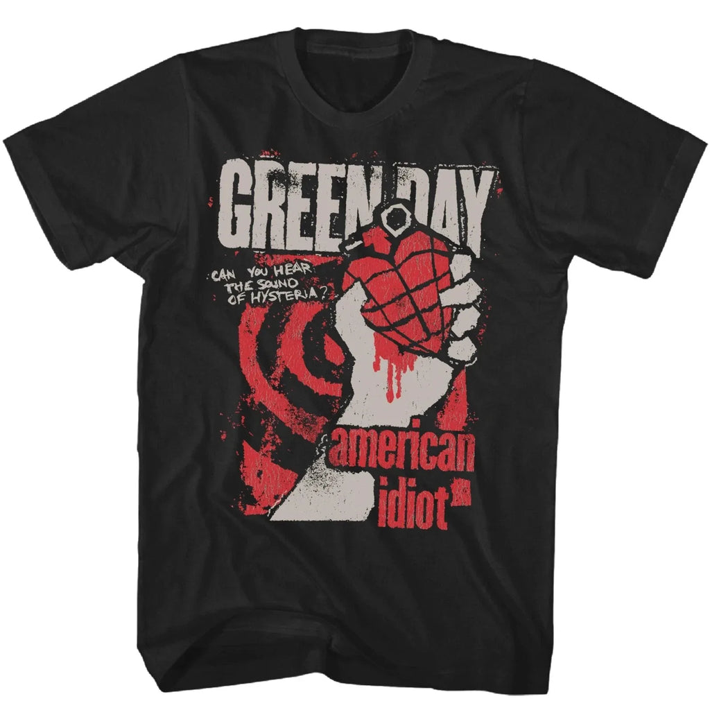 Black t-shirt with 'Green Day' graphic design featuring a hand holding a grenade.