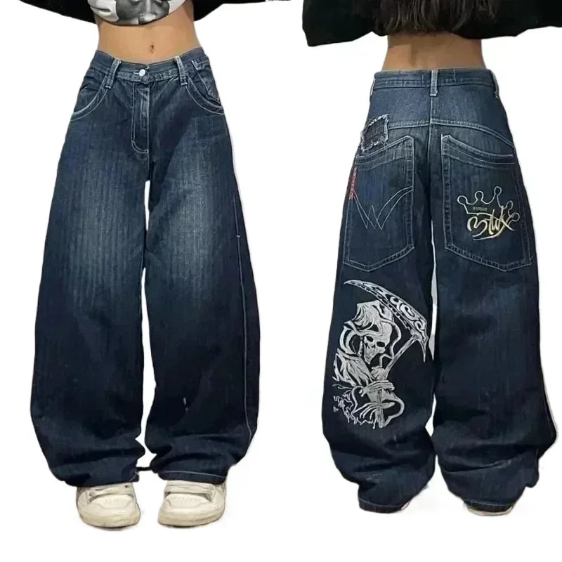 Blue jeans with a design on the back pocket displayed from front and back views.