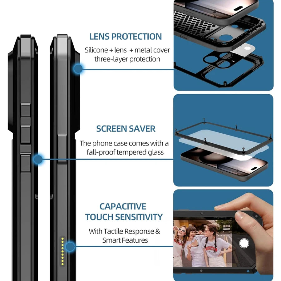 Heavy Duty Metal Armor iPhone Case | 360° Full Body Protection with Built-In Screen Protector