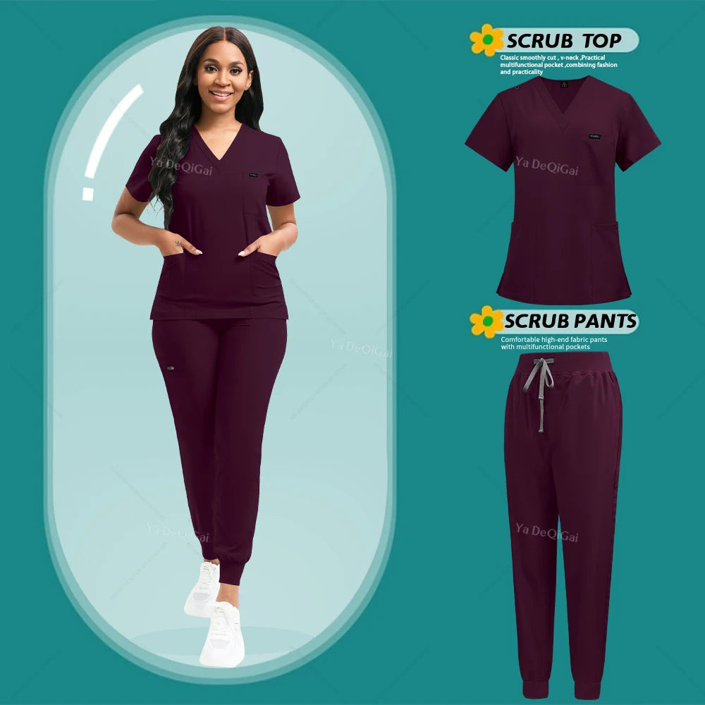 Woman wearing a scrub set with separate images of scrub top and pants on a teal background.