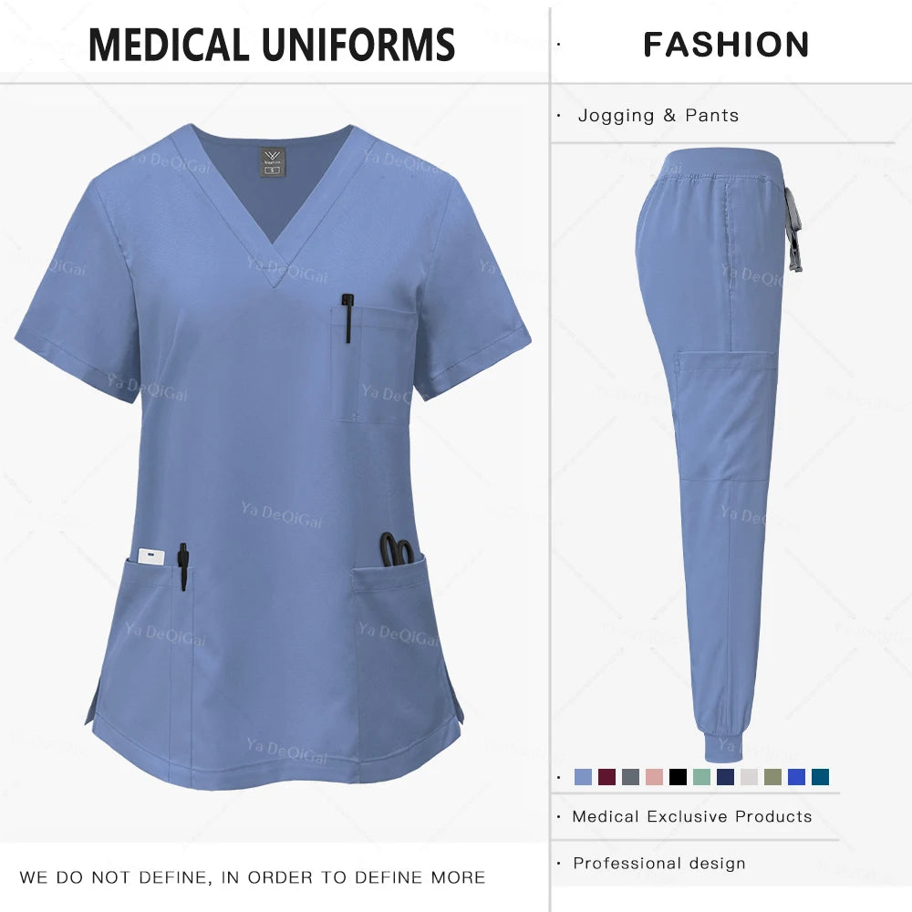 Blue medical uniform with a V-neck design and jogger pants on a white background.