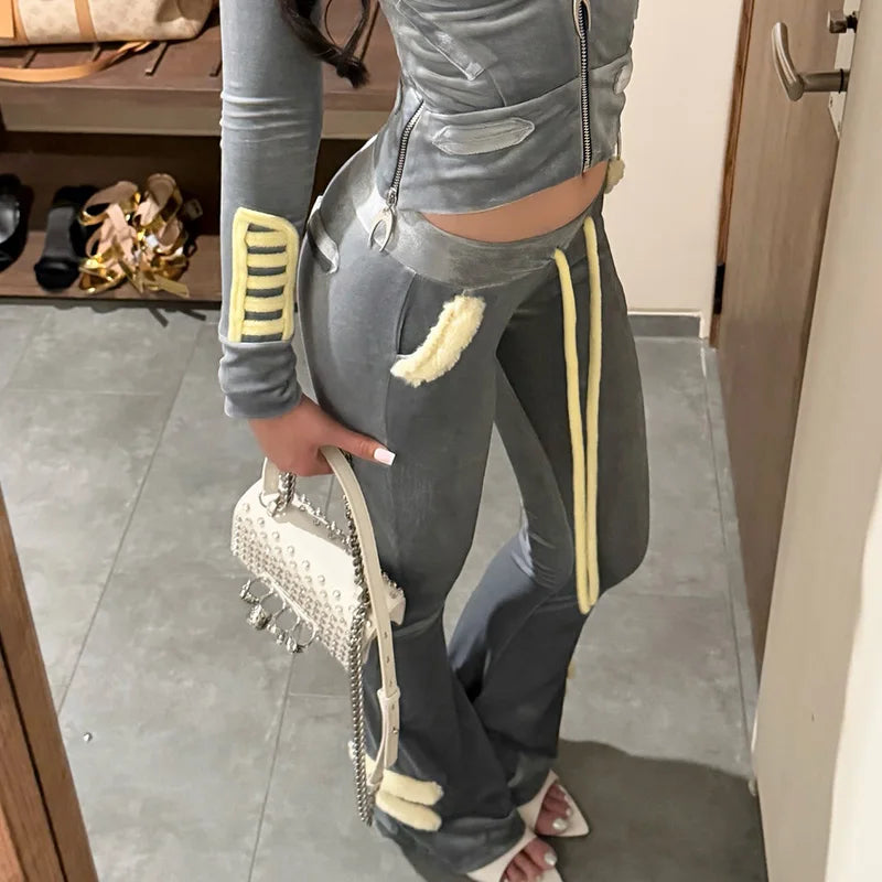 Faux Fur Spliced Velour Zip Top & Flare Pants - Women's Matching Set
