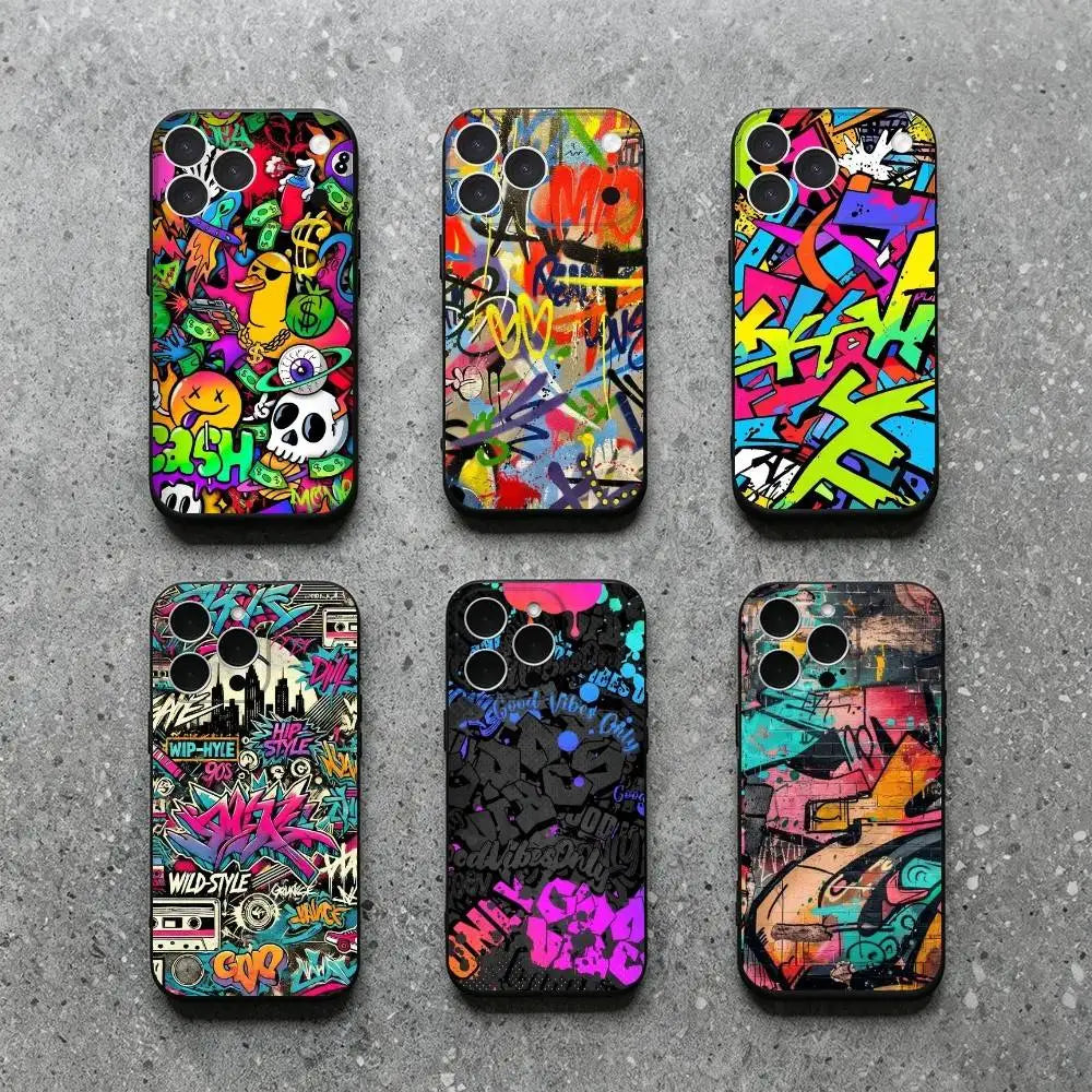 Six colorful phone cases arranged in a 2x3 grid on a gray concrete surface. Each case features a vibrant graffiti-style design with various cartoon characters, graffiti tags, splatters, and abstract patterns in bright neon colors.