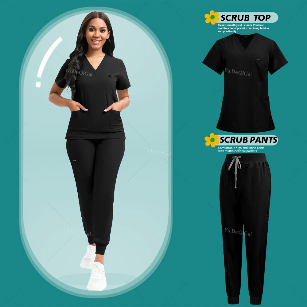 Black scrub top and pants set with a model wearing them on a teal background