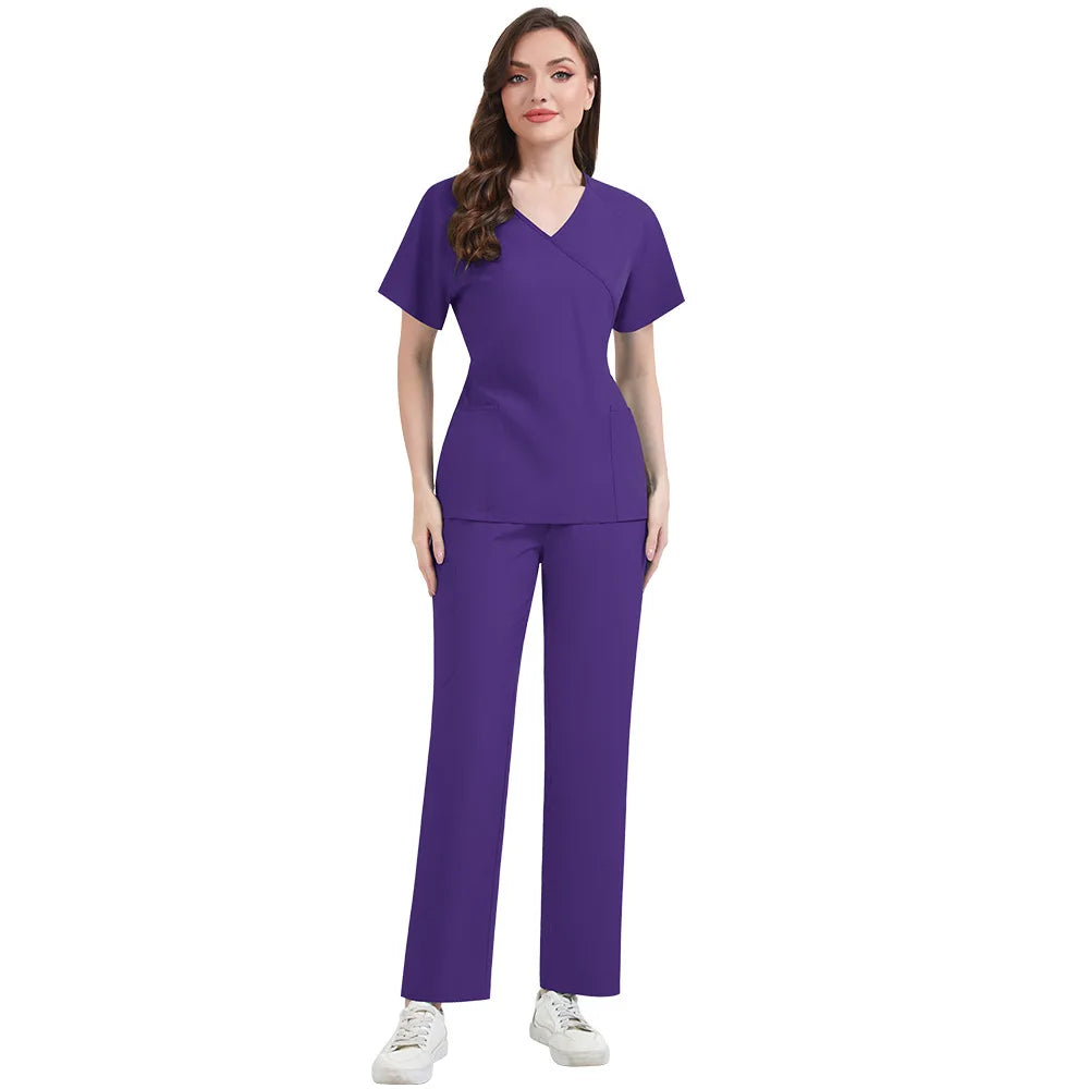 Woman wearing a purple scrub set on a white background