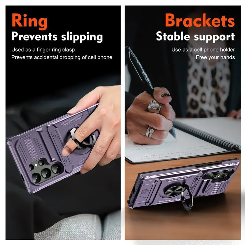 Phone case with ring and brackets feature, used as a finger ring clasp and cell phone holder.
