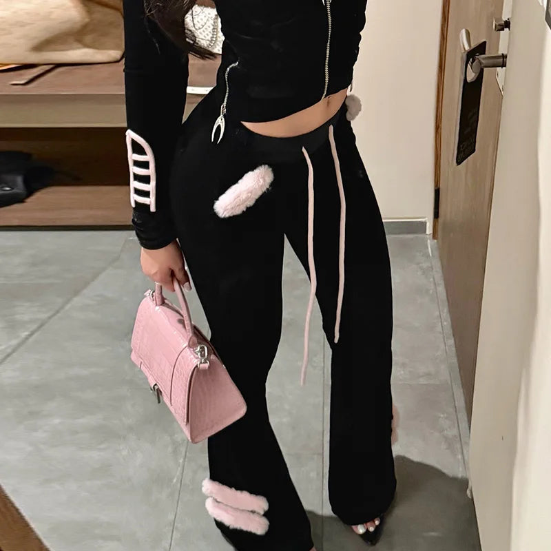 Faux Fur Spliced Velour Zip Top & Flare Pants - Women's Matching Set