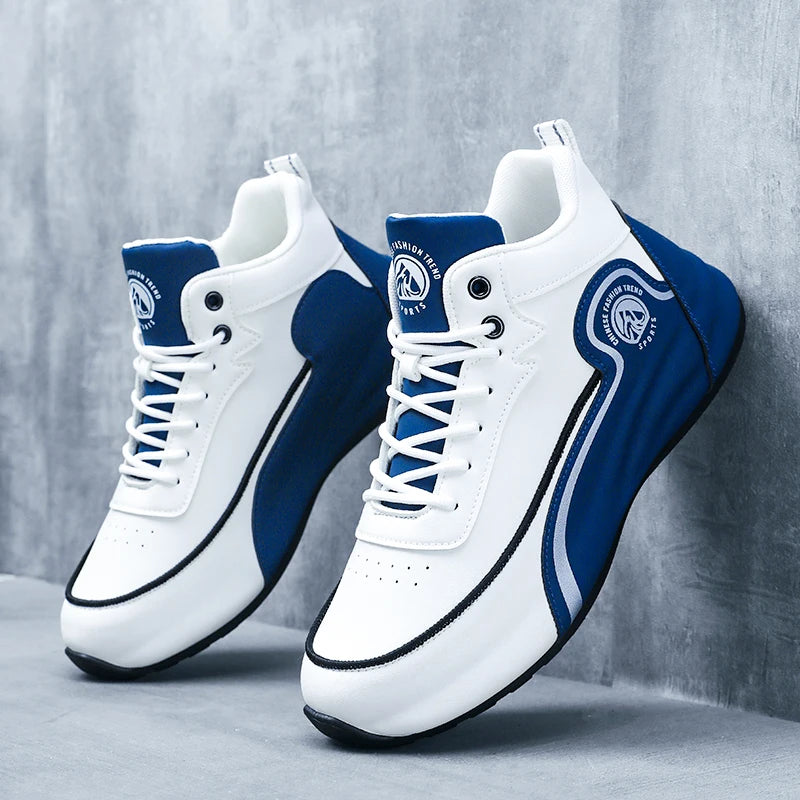 White and blue sneakers with a brand logo on a gray background